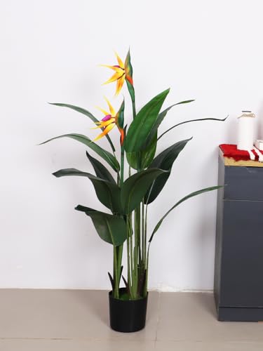 Image of ARICK DECOR Artificial Bird of Paradise Plant 4Ft Tall with Flowers - Fake Tropical Palm Tree with 2 Faux Orange Yellow Crane Flowers & Silk Banana Leaves, Large in Black Pot