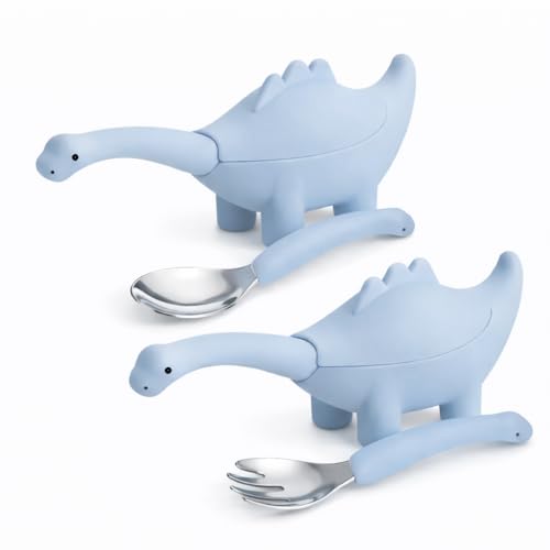 Image of Baby Spoon and Fork Set, Blue Silicone Toddler Cutlery Set with Dinosaur Case, 2 Pc, Self Feeding Utensils for Baby Meals School and Travel, Mealtime Essential. Easy to Carry for Home