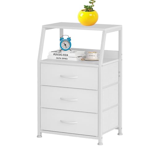 Vêtueur de Rangement Haute, Tour d'organisateur Vertical avec Haut en Bois et Cadre Acier, Chambre, Couloir, Table Chevet Placard, Meubles Blancs Blanc 3-Layer