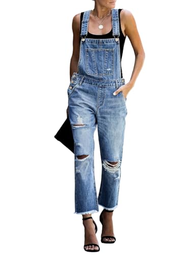 luvamia Flexclusive Women's Casual Distressed Overalls Adjustable Denim Bib Jumpsuits for Women Jean Overalls Pants Trendy Jumpsuits Blue Size Medium