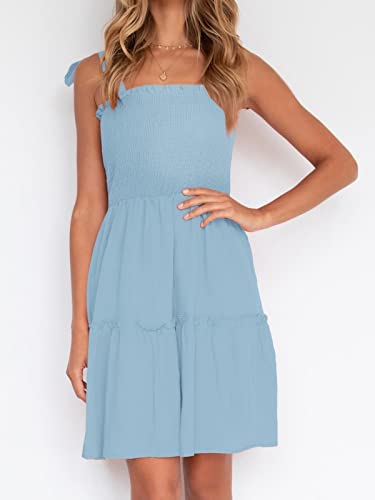 ZESICA Women's 2025 Summer Spaghetti Strap Sleeveless Square Neck Ruffle A Line Swing Mini Dress