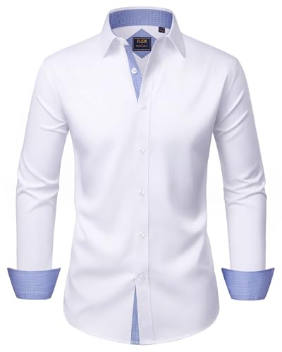 Alimens & Gentle Men's Dress Shirts Long Sleeve Wrinkle-Free Business Casual Button Down Shirt, White Blue, X-Large