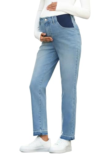 BLENCOT Maternity Jeans for Women Elastic High Waisted Denim Work Pants Casual Straight Leg Strechy Comfy Pregnancy Jean with Pockets Large Beau Blue