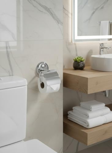 Image of Premium Stainless Steel Toilet Paper Holder with Flap Cover | Rust-Proof Chrome Finish Bathroom Tissue Roll Dispenser | Wall-Mounted Hotel-Style Toilet Roll Stand with Anti-Slip (Round 33)