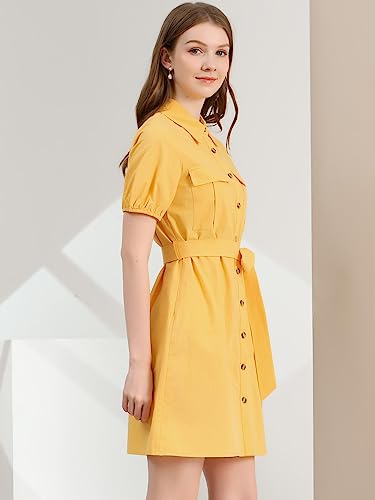 Image of Allegra K Women's Safari Dress Collared Short Sleeve Cotton Belted Button Down Shirt Dresses