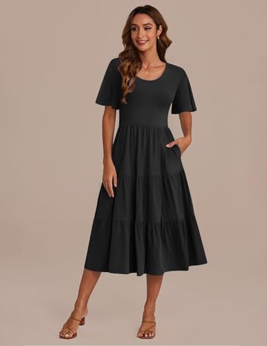Image of Zeagoo Women's Summer Dress Midi Floral Flutter Short Sleeve Casual Dresses with Pockets Tiered Flowy Boho Beach Dress