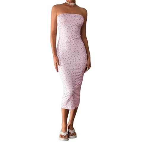 Milumia Women's Ditsy Floral Bodycon Tube Dress Lettuce Trim Strapless Long Pencil Dresses Light Pink Medium Cover