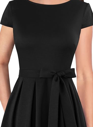 VFSHOW Womens Elegant Patchwork Pockets Belted Pleated Work Office Business Casual Party A-Line Midi Dress3