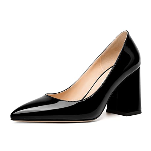 NUMALEO Womens Solid Pointed Toe Casual Dating Patent Slip On Block High Heel Pumps Shoes 3.3 Inch