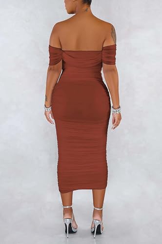 Image of Fooullaide Women's Sexy Off Shoulder Sleeveless Bodycon Ruched Midi Dress | Stretchy, Breathable, Mesh, Not See-Through, Elegant,Formal Gown, Cocktail, Evening, Party, Night Out Tube Dresses