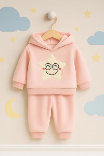 Image of Bold N Elegant Unisex Kids Fleece Printed Smiling Star Warm Fur Pullover Sweatshirt Hoodie Tshirt and Jogger Pant Winter Clothing Set Dress