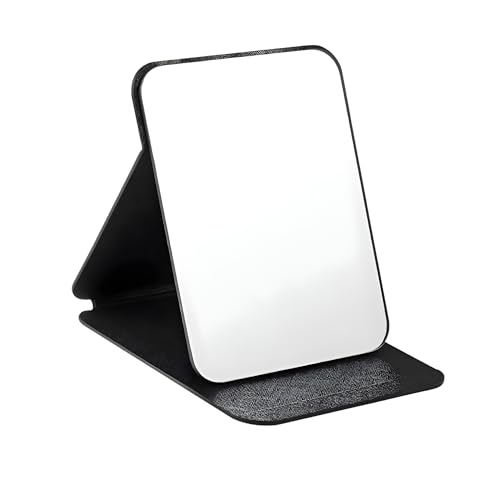 Image of Foldable Makeup Mirror with Stand Portable Travel Vanity Table Top Mirror for Women & Men | Rectangle 16x11cm PU Leather, Black, Adjustable & Compact (Black)