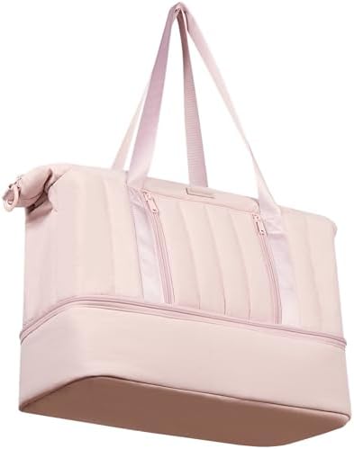 NISHEL Weekender Duffle Bag, Double-Layer Carry On Personal Item Overnight duffle bag, Large Capacity Travel Bag with Separate Shoe Compartment, Pink