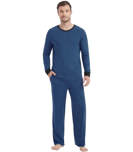 Image of NACHILA Pajamas for Men-Viscose Made from Bamboo, Long Sleeve Pajamas Set Comfy Sleepwear Pants Soft V Neck Pjs with Pockets