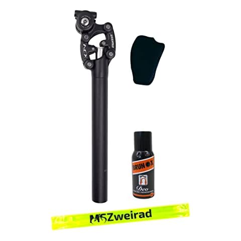 Suntour Parallelogramm Federsattelstütze SP12-NCX 27,2mm/ 30,9mm/ 31,6mm, 350mm, 65-95kg, 95-120kg inklusive Brunox Federgabel-Deo und MSZweirad Reflexband Sattelstütze gefedert (65-95kg, 30.9) Cover