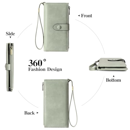 Image of GOIACII Womens Wallets Large Capacity Credit Card Holder RFID Blocking Leather Wallet Wristlet Ladies Clutch Purse Green