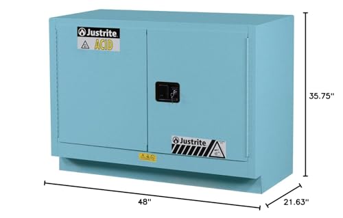 Image of Justrite Acid Corrosive Storage Cabinet - 31 Gallon 2 Door Manual Close Chemical Storage Cabinet with ChemCor Coating - 22 inch x 36 inch x 48 inch - Made in The USA - Light Blue - 8849022