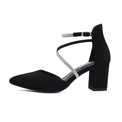 UTIKLIOU Dress Shoes for Women Low Heel Pumps Wedding Shoes Rhinestone Ankle Strap Pointed Toe Chunky Heels2