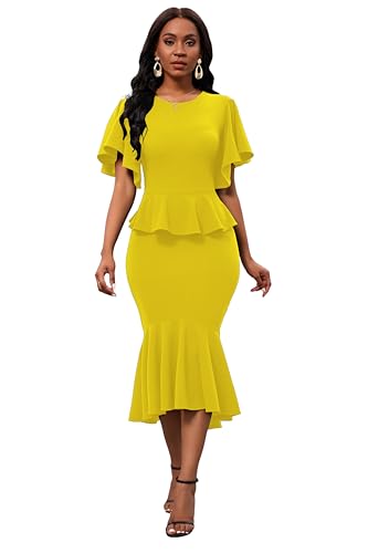 Image of Womens Summer Ruffle Short Sleeve Fishtail Dress Evening Cocktail Formal Peplum Midi Mermaid Dresses Elegant