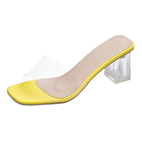 Women's Mule Sandals Transparent Strap Square Toe Slip On Chunky Block Heels Shoes For Summer