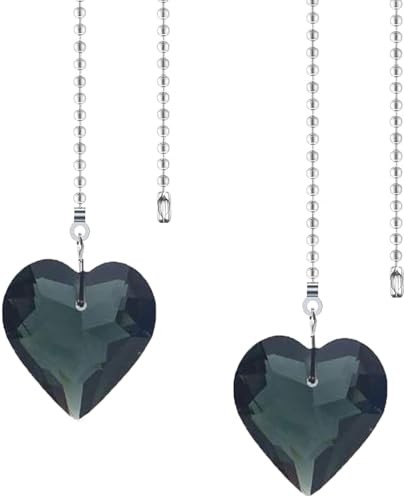 Image of 2Pcs Crystal Ceiling Fan Pull Chain Extender with Connector, 12 inch | K9 Crystal Glass, Not Acrylic, Heart Prism, Cut-To-Length Adjustable, Snap-On Connector For Fan, Light, Lamp (Black)