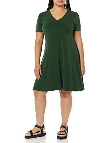 Image of Amazon Essentials Women's Short Sleeve V-Neck Gathered Flattering Fit and Flare Dress