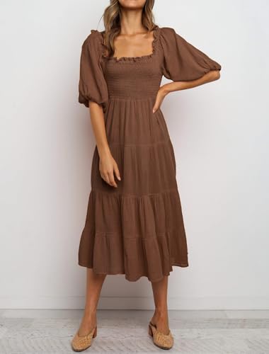 Image of R.Vivimos Women's Summer Cotton Lantern Sleeves Ruffled Off Shoulder A-Line Midi Dresses