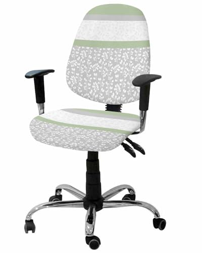 Sage Green Gray 2 Pieces Computer Office Chair Covers Set,Stretchable Desk Rotating Chair Seat Cushion Slipcover Back Covers,Country White Leaves Abstract Stripes Slipcover Back Cover,Protectors Cover