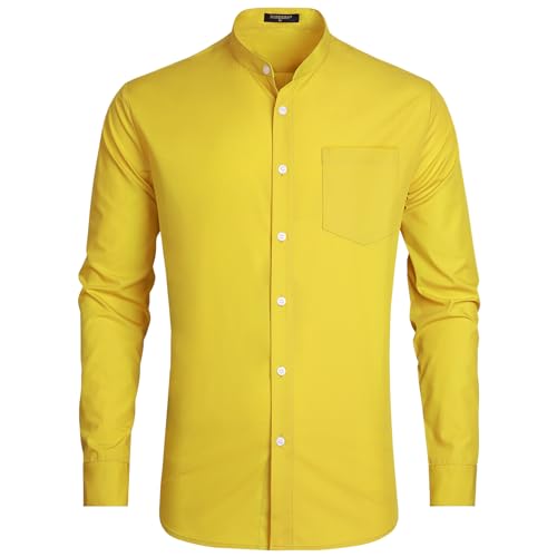 HISDERN Herrenhemden Langarm Gelb Hemd Herren Ohne Kragen Bügelfrei Herren Oberhemd Langarm Hemden Stehkragen Herren Slim Fit für Hochzeit M