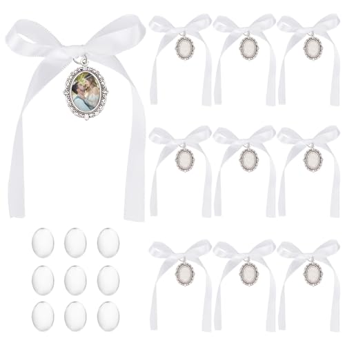 PH PandaHall 10 Piece Oval Bridal Angel Wedding Memorial Photo Charm with Satin Ribbon and Glass Beads