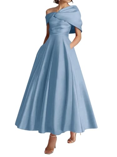 One Shoulder Tea Length Mother of The Bride Dresses with Pockets Satin Wedding Guest Dress MM0023