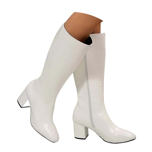 Generisch Botas altas hasta la rodilla para mujer, caña ancha, ancha, H, invierno, botas de invierno, impermeables, con tacón, botas de vaquero, botas de mujer, botas, O blanco., 41 EU