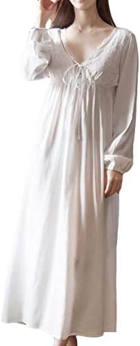 Asherbaby Women's Long Sleeve Vintage Lace V Neck Nightgown Cotton Sleepwear, White, US L/Tag Size XL