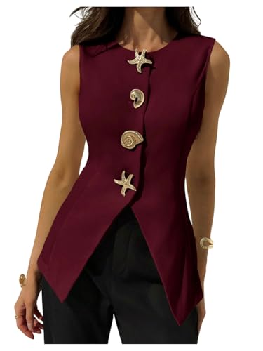 Floerns Women's Summer Star Metal Sleeveless Vest Blazer Split Hem Suit Jacket