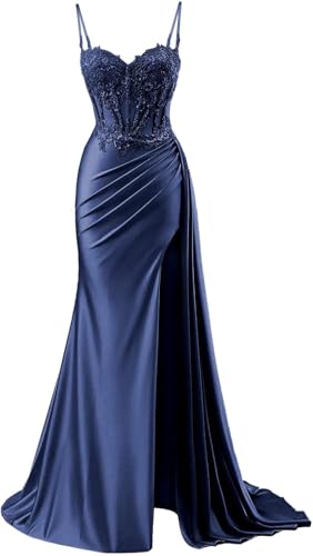 Spaghetti Strap Satin Prom Dresses with Slit 2025 Lace Appliques Long Mermaid Evening Gowns