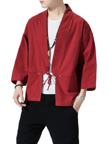 Image of Men's Japanese Kimono Cardigan Loose Cotton Linen 3 /4 Sleeve Open Front Casual Summer Shirt Jackets