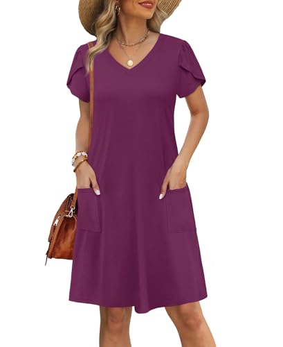 Image of OFEEFAN Womens Summer Dresses 2026 Tulip Petal Short Sleeve V Neck Loose Swing Sundresses with Pockets Plain /Print