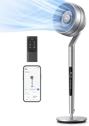 Dreo Smart Pedestal Fan for Bedroom, Wi-Fi/Voice/Alexa Control, 6 Modes,10 Speeds, 12H Timer, 23dB DC Quiet Circulator Fan, 120°+85° Oscillating Fans, 100ft, 40-44" Adjustable Height, Bright Silver