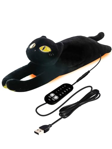 Almohadilla Calefaccional de Gato 5 Niveles de Calor Apagado Automático USB Portátil, Suave y Gruesa en Peluche Confort y Relajación Idea de Regalo (negro)