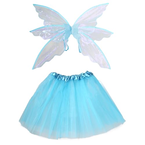 Wildarms Déguisement de fée avec ailes et jupe tutu à 6 couches pour adultes et adolescents - Ensemble d'Halloween avec ailes 3D et jupe (Bleu)