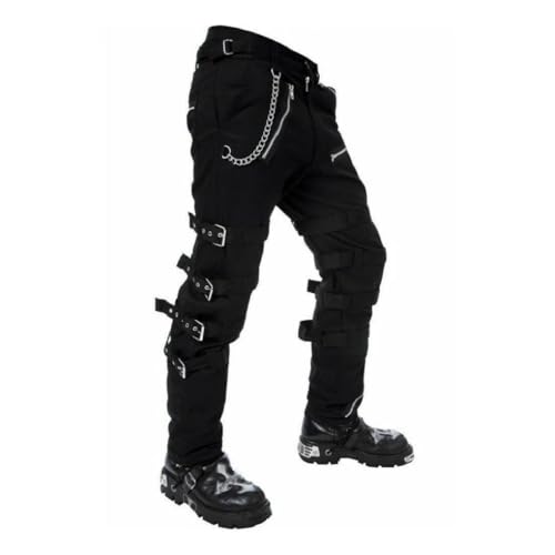 Men's Black Punk Rock Jeans Bondage Streetwear Concert Morte Pants Buckle Chain Trouser/USA