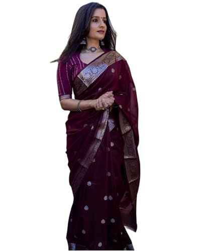 Image of Banarasi soft Cotton-Silk Saree with Unstitched Blouse - Graceful Design for Special Occasions, Weddings & Festivals