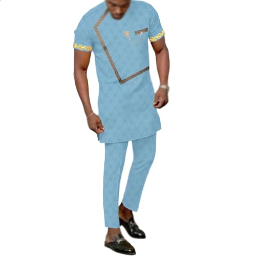 Image of Dashiki Suit Set for Men African Shirt and Trousers Outfit Formal Ethnic Suit Slim Fit Tribal Clothing Tracksuit(Light Blue,Large)