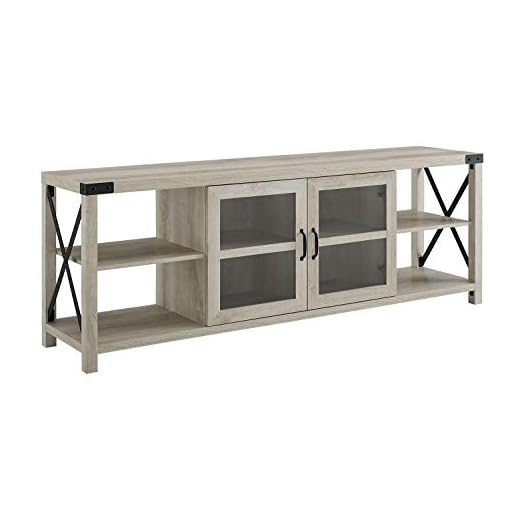 Walker Edison Rustic Modern Farmhouse Metal and Wood TV Stand for TV's up to 80" Universal TV Stand for Flat Screen Living Room Storage Cabinets and Shelves Entertainment Center, 70 Inch, White Oak