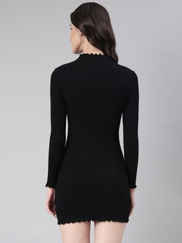 Image of SHOWOFFFF Women Solid Bodycon Casual Dress | High Neck Half Sleeves Knitted Dress for Womens | Above Knee Dress for Women's