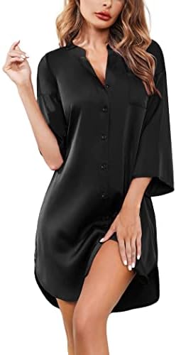 Ekouaer Satin Nightgowns for Women Silk Sleepwear Button Down Sleepshirt 3/4 Sleeve V-Neck Nightshirts with Pockets