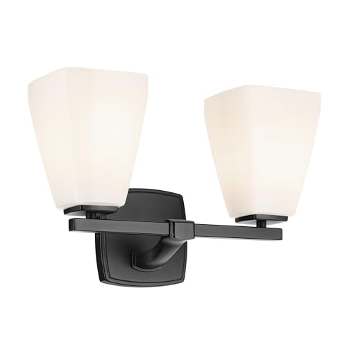 Image of Kichler Marant 2-Light Bathroom Vanity Light Fixture with Opal Glass, 14.25 inch Modern Wall Sconce in Black for Over Mirror, Powder Room (14.25 inch W x 9.5 inch H), 55215BK
