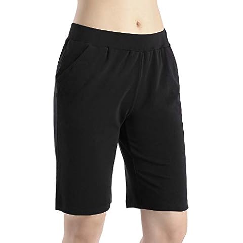QingWan Womens Shorts Elastic Waist with Pockets Athletic Knee Length Short Pants Yoga - black - XXXL Cover