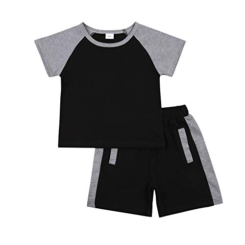 Toddler Little Baby Boys Summer Clothes Shorts Set Short Sleeve T Shirt Top Shorts Casual Outfits Set 2 Pcs (A- Patchwork Black Grey, 6-7T)