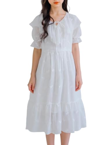 New 5-15Years Girls Vintage White Dress Ruffle Puff Sleeve Embroidered Midi Dress